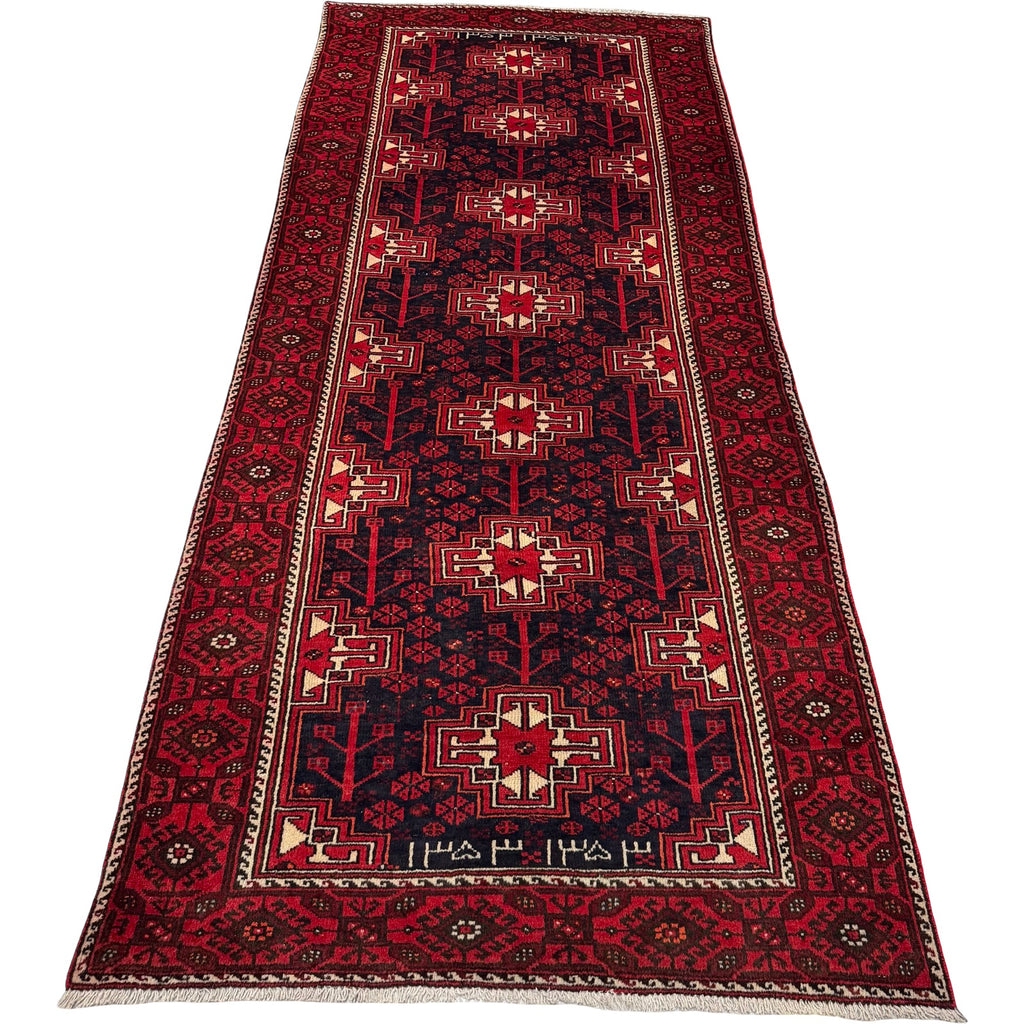 295 x 125 cm Hand Knotted 1970s Persian Baluch Wool Runner Rug – Red & Navy