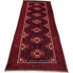 295 x 125 cm Hand Knotted 1970s Persian Baluch Wool Runner Rug – Red & Navy