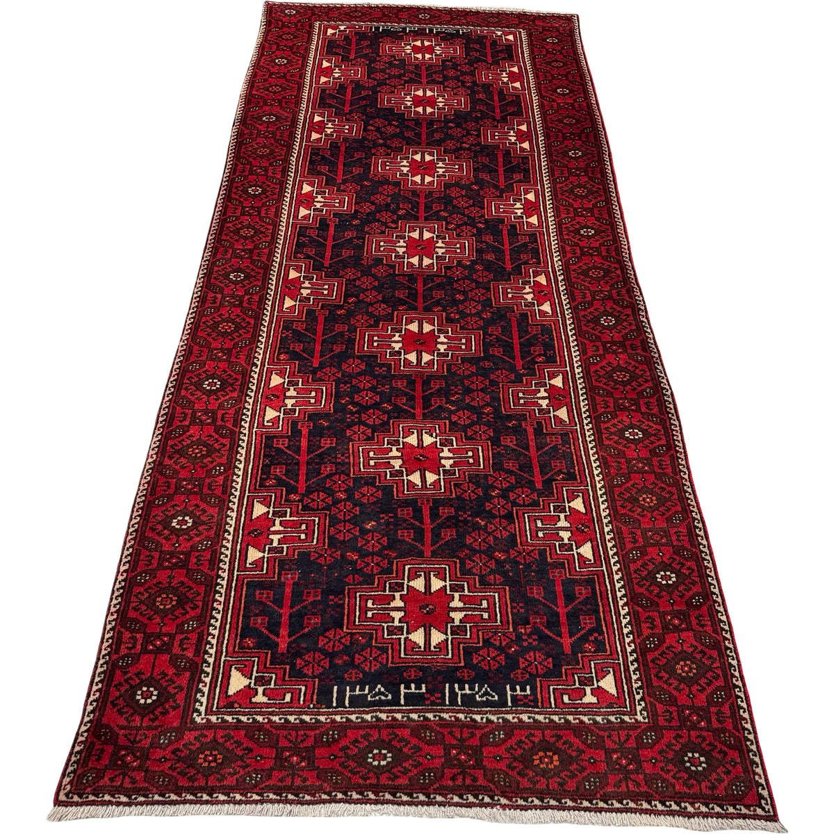 295 x 125 cm Hand Knotted 1970s Persian Baluch Wool Runner Rug – Red & Navy