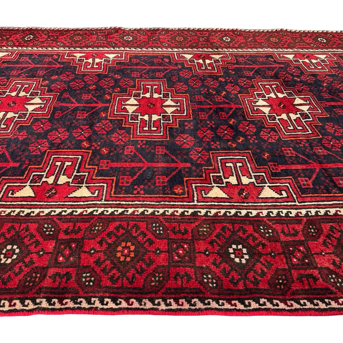 295 x 125 cm Hand Knotted 1970s Persian Baluch Wool Runner Rug – Red & Navy