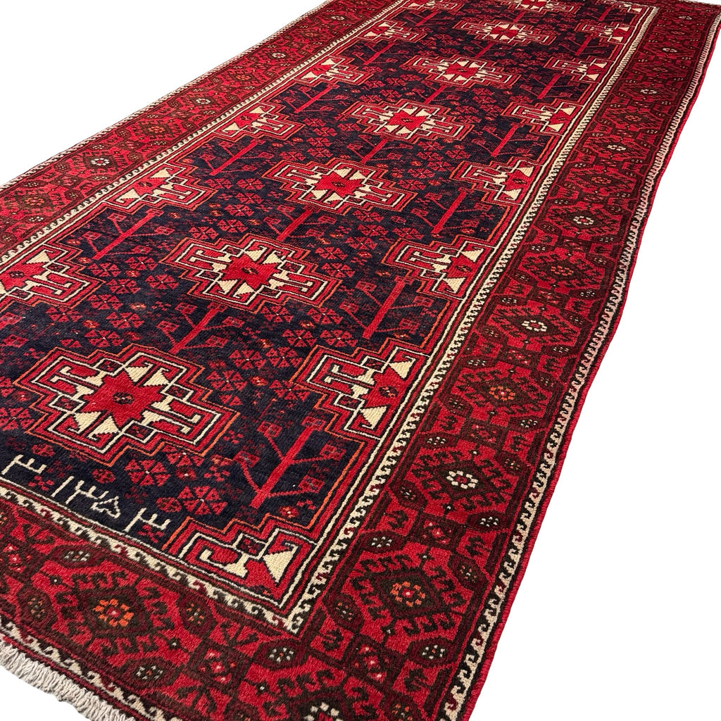 295 x 125 cm Hand Knotted 1970s Persian Baluch Wool Runner Rug – Red & Navy