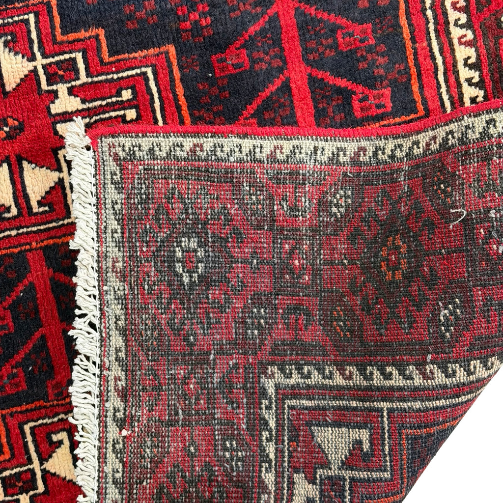 295 x 125 cm Hand Knotted 1970s Persian Baluch Wool Runner Rug – Red & Navy