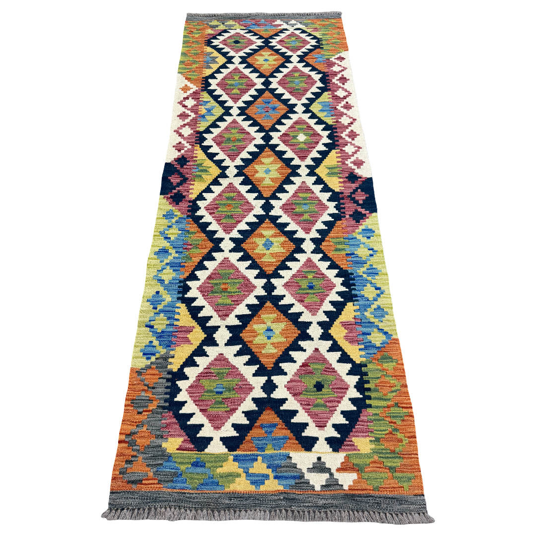 210 x 77 cm Hand-Woven Afghan Kilim Runner Rug – Wool Flatweave