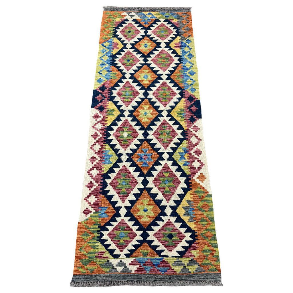 210 x 77 cm Hand-Woven Afghan Kilim Runner Rug – Wool Flatweave