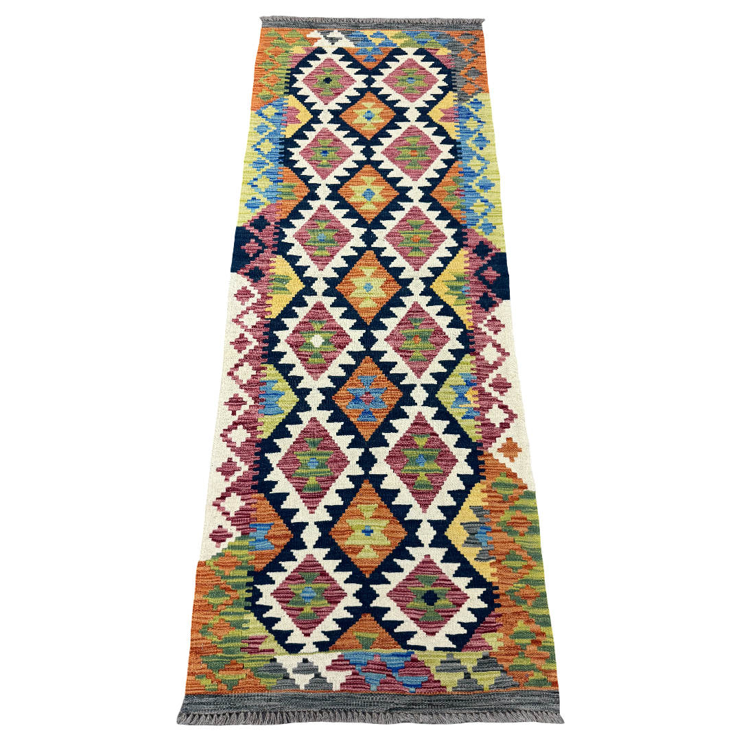 210 x 77 cm Hand-Woven Afghan Kilim Runner Rug – Wool Flatweave