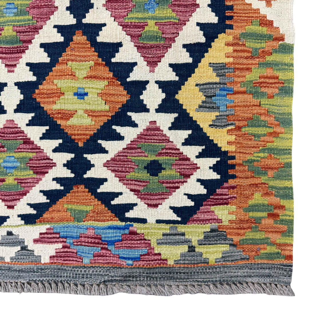 210 x 77 cm Hand-Woven Afghan Kilim Runner Rug – Wool Flatweave