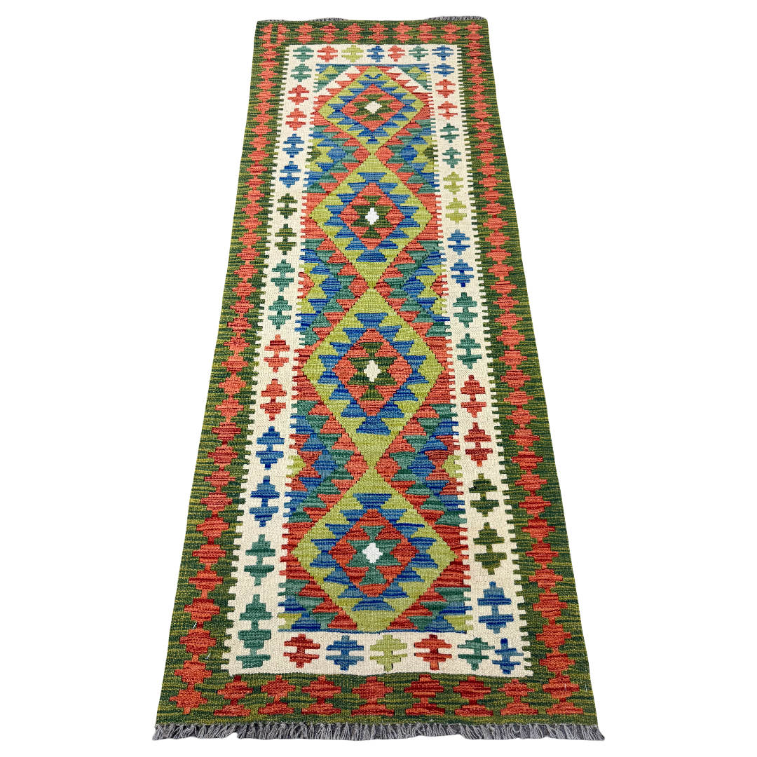 204 x 78 cm Hand-Woven Afghan Kilim Runner Rug – Wool Flatweave