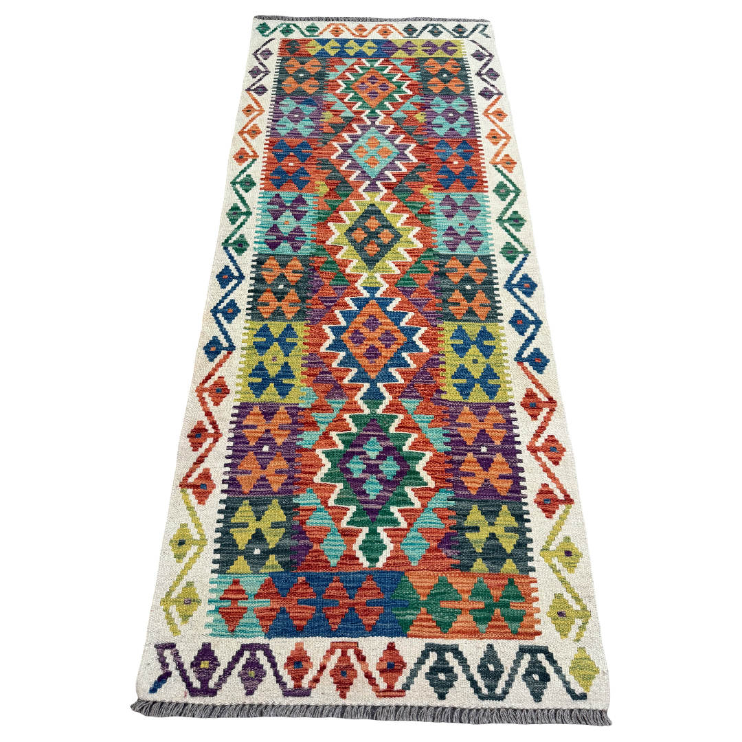 202 x 83 cm Hand-Woven Afghan Kilim Runner Rug – Wool Flatweave
