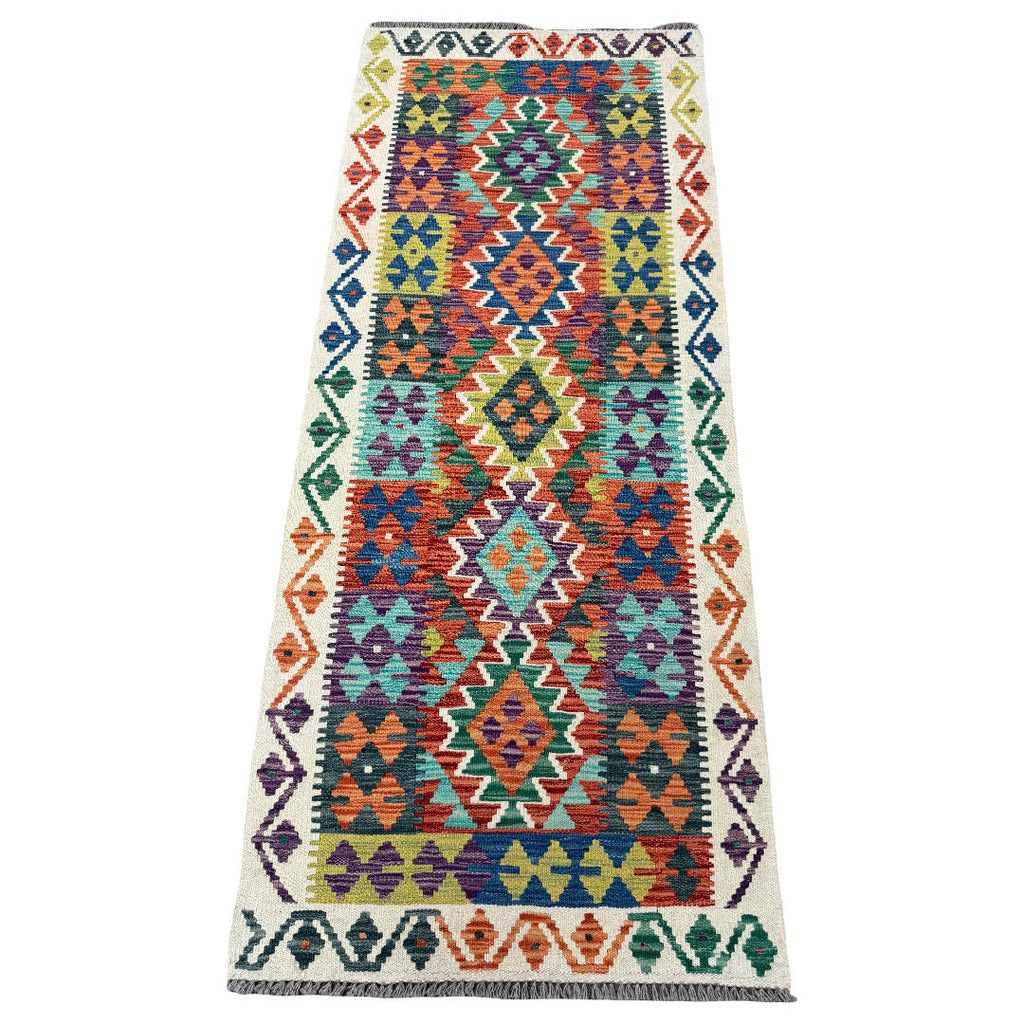 202 x 83 cm Hand-Woven Afghan Kilim Runner Rug – Wool Flatweave