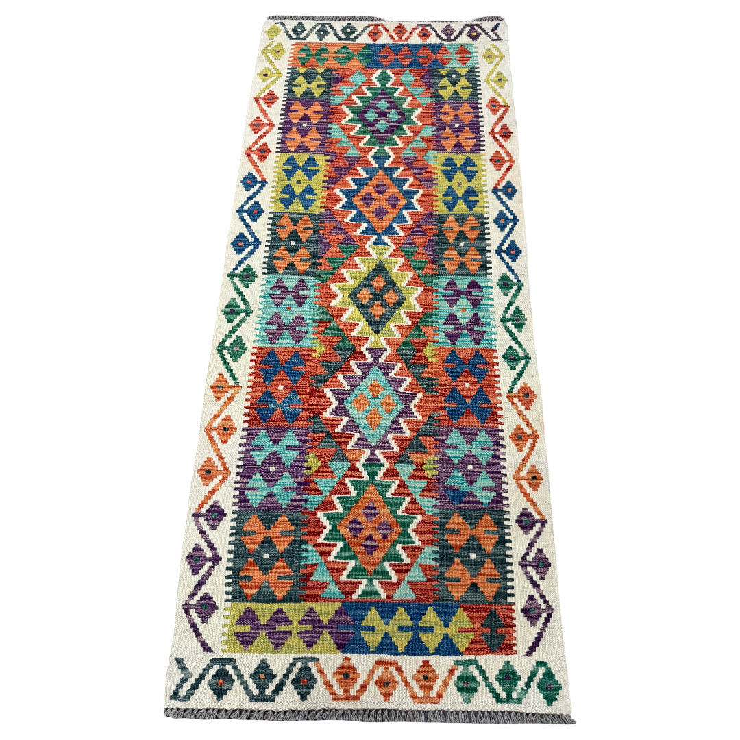 202 x 83 cm Hand-Woven Afghan Kilim Runner Rug – Wool Flatweave