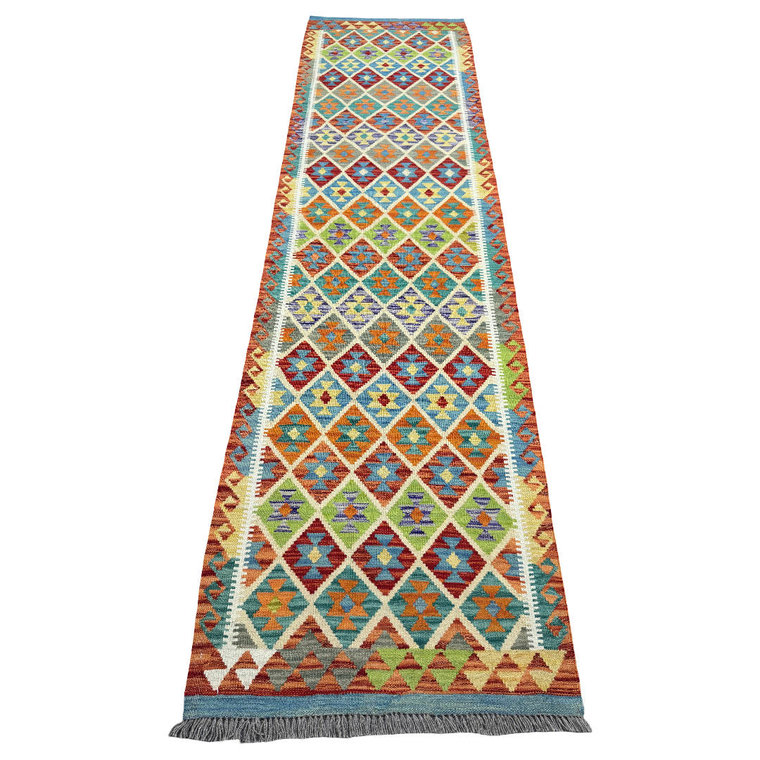 301 x 81 cm Hand-Woven Afghan Kilim Runner Rug – Wool Flatweave