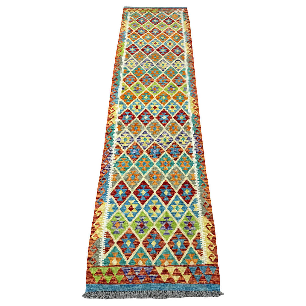 301 x 81 cm Hand-Woven Afghan Kilim Runner Rug – Wool Flatweave