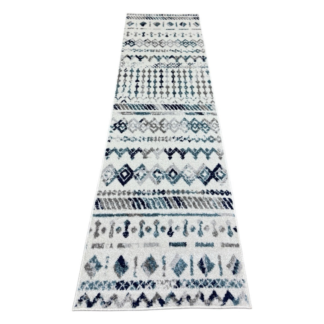 213 x 61 cm Cream & Blue Tribal Geometric Runner Rug