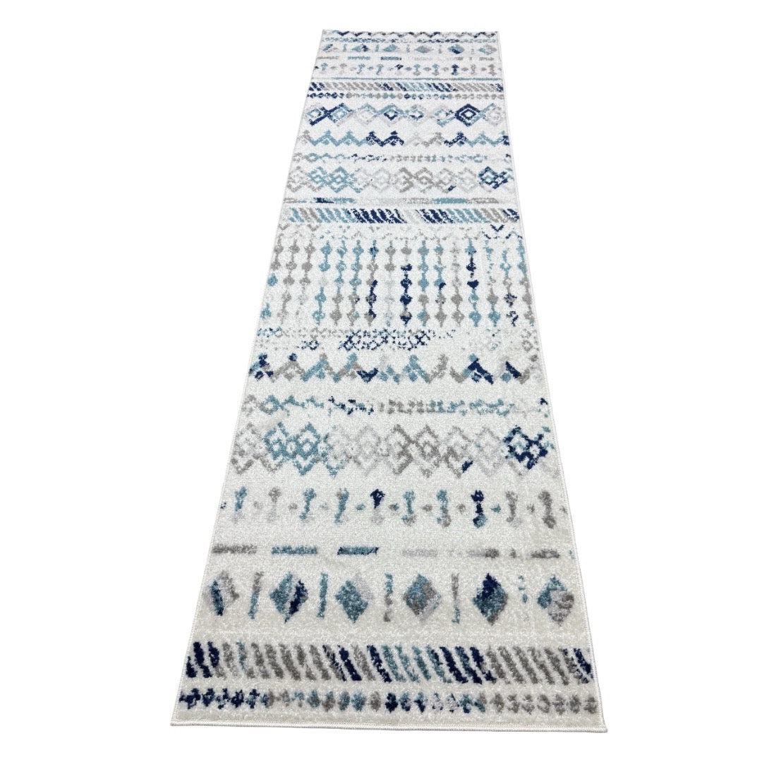 213 x 61 cm Cream & Blue Tribal Geometric Runner Rug