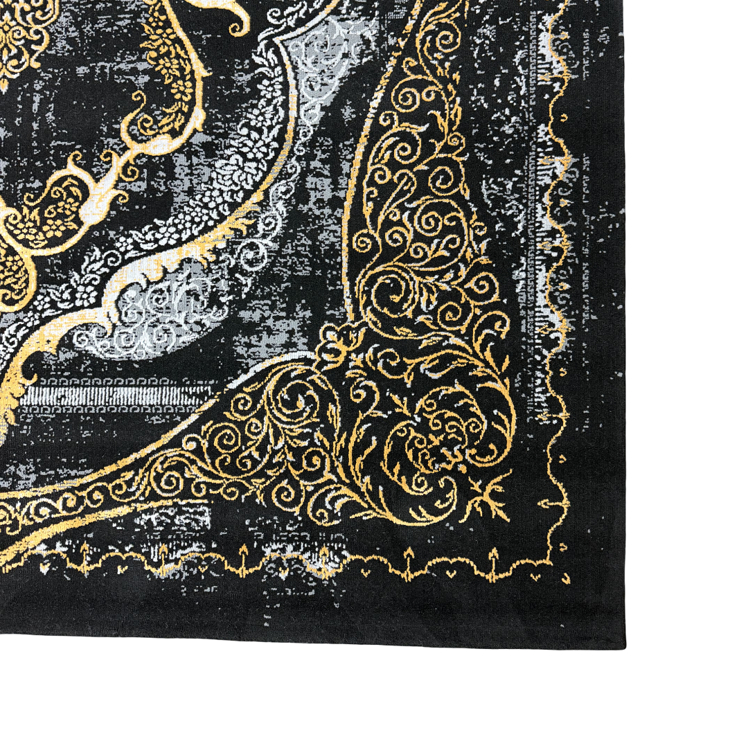 230 x 160 cm Black & Gold Distressed Medallion Fringeless Persian Style Rug