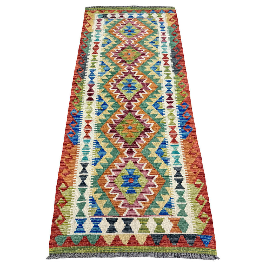 197 x 80 cm Hand-Woven Afghan Kilim Runner Rug – Wool Flatweave