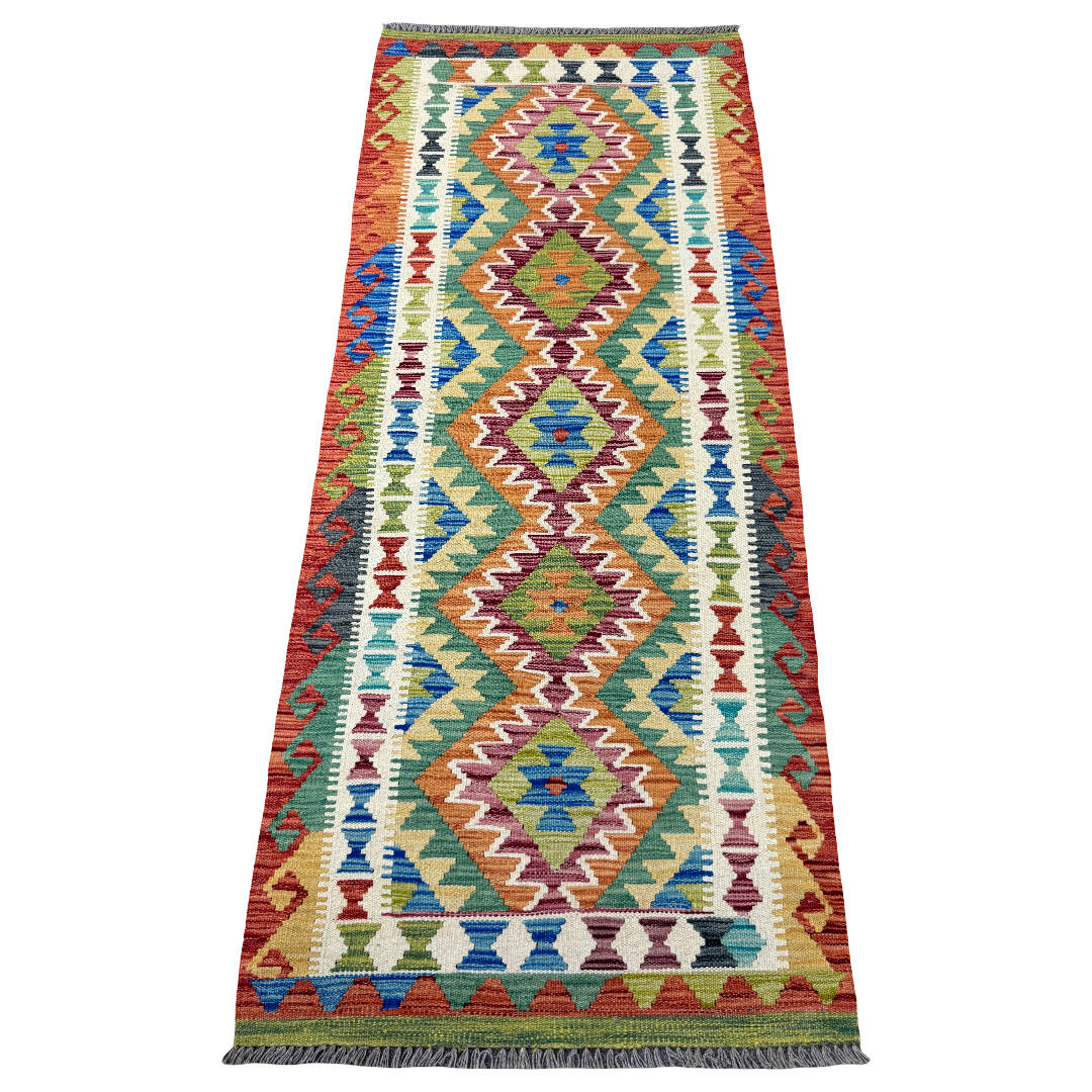197 x 80 cm Hand-Woven Afghan Kilim Runner Rug – Wool Flatweave