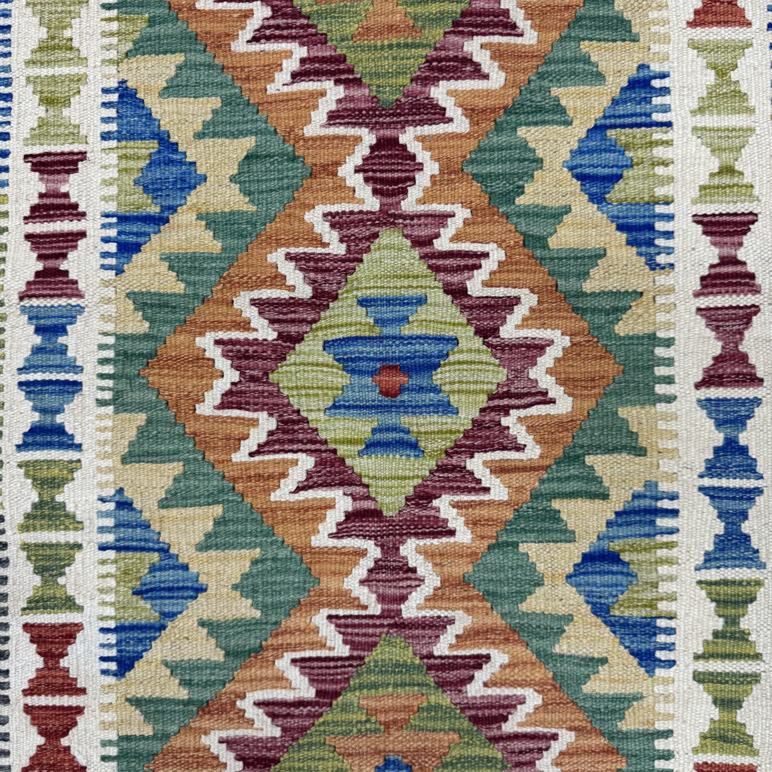 197 x 80 cm Hand-Woven Afghan Kilim Runner Rug – Wool Flatweave