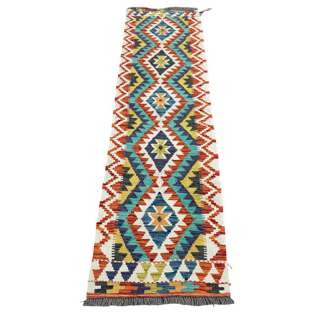 194 x 58 cm Hand-Woven Afghan Kilim Runner Rug – Wool Flatweave