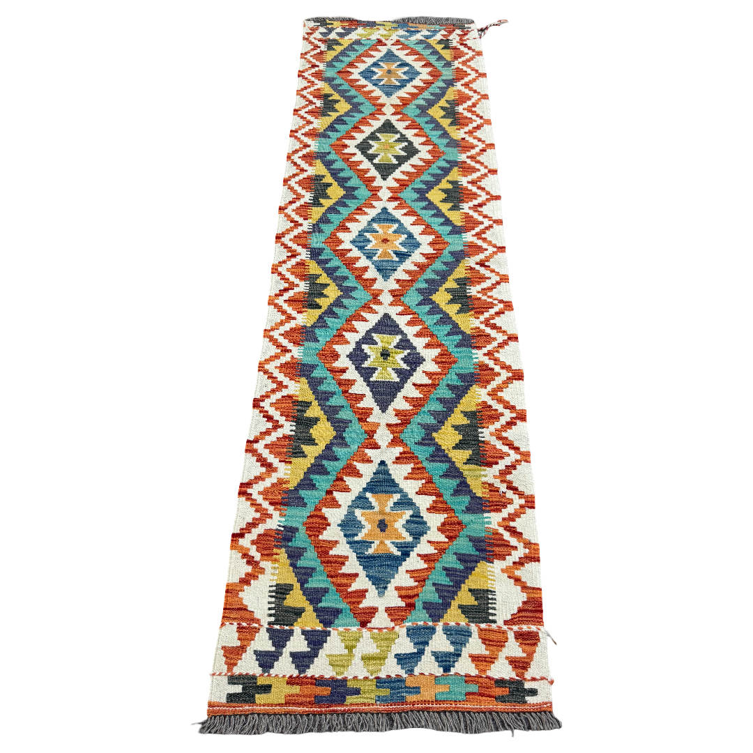 194 x 58 cm Hand-Woven Afghan Kilim Runner Rug – Wool Flatweave
