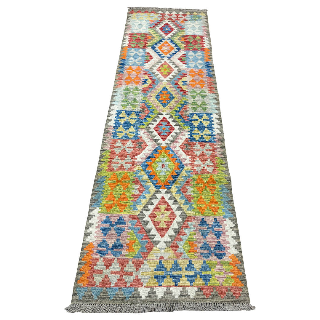 251 x 76 cm Hand-Woven Afghan Kilim Runner Rug – Wool Flatweave