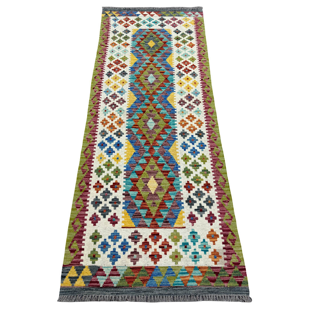 204 x 84 cm Hand-Woven Afghan Kilim Runner Rug – Wool Flatweave