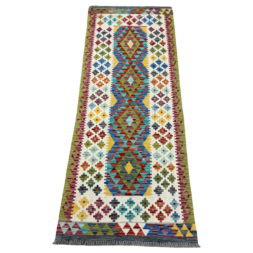 204 x 84 cm Hand-Woven Afghan Kilim Runner Rug – Wool Flatweave