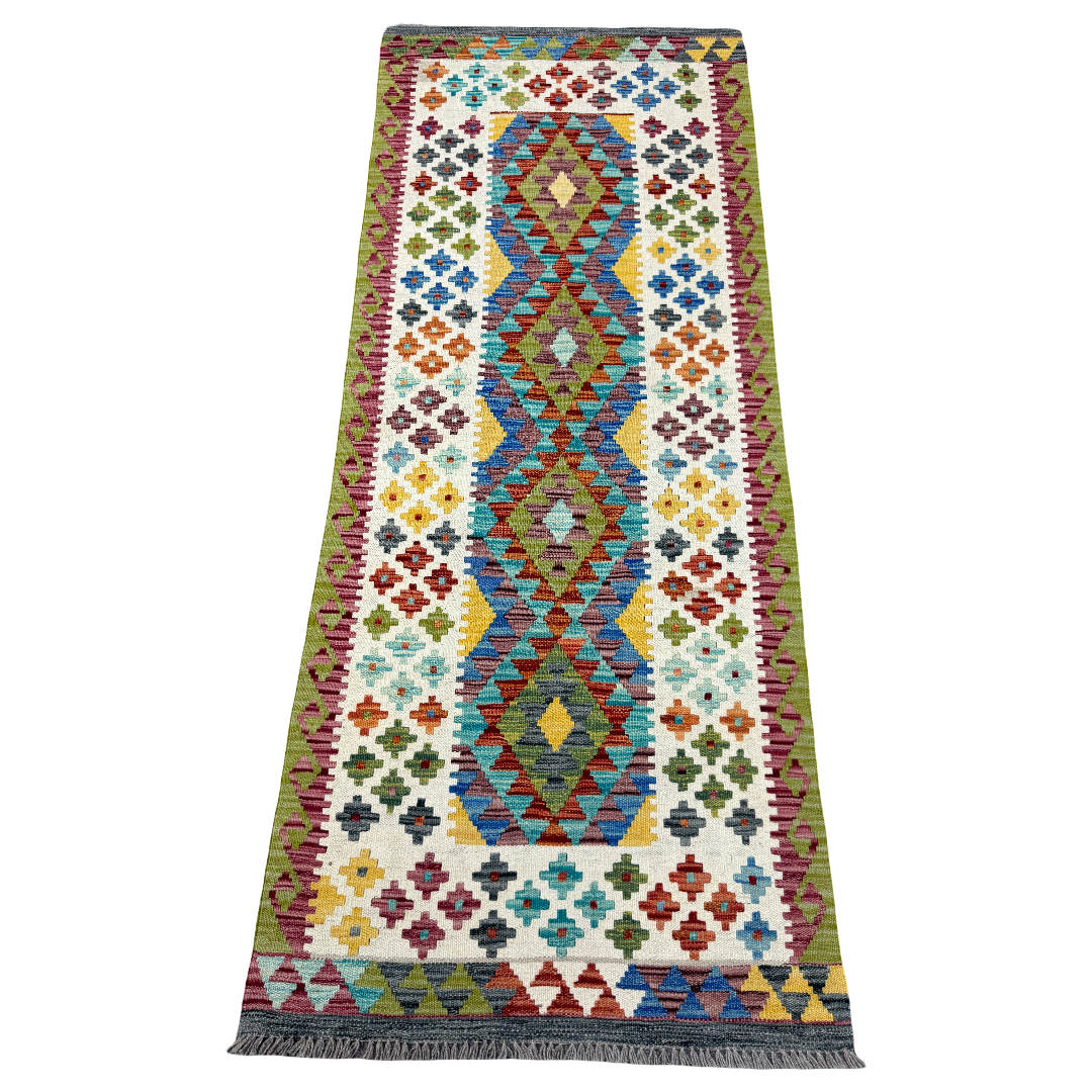 204 x 84 cm Hand-Woven Afghan Kilim Runner Rug – Wool Flatweave