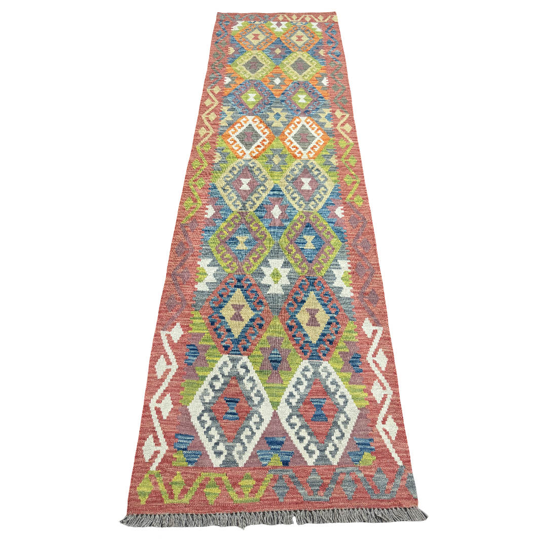273 x 78 cm Hand-Woven Afghan Kilim Runner Rug – Wool Flatweave