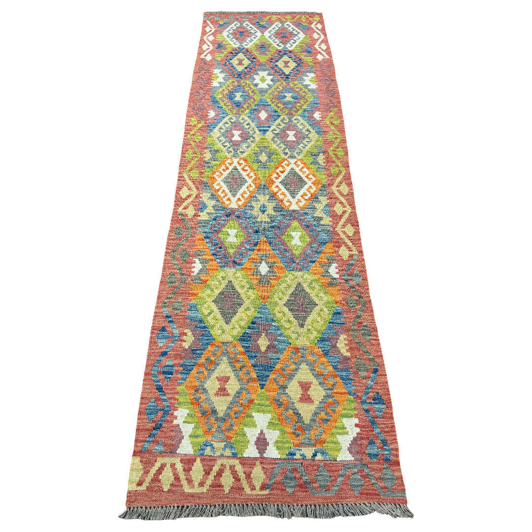 273 x 78 cm Hand-Woven Afghan Kilim Runner Rug – Wool Flatweave