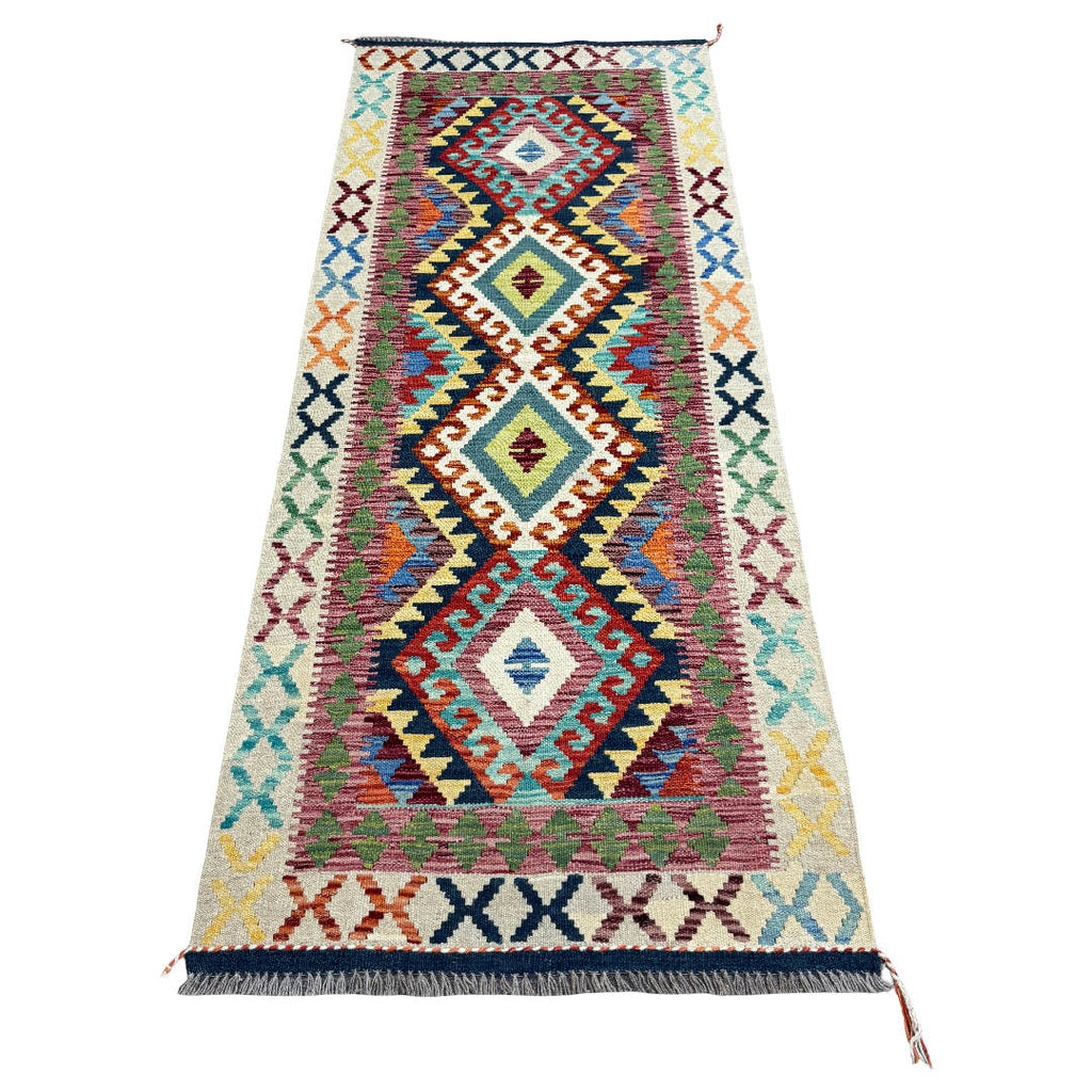 205 x 85 cm Hand-Woven Afghan Kilim Runner Rug – Wool Flatweave