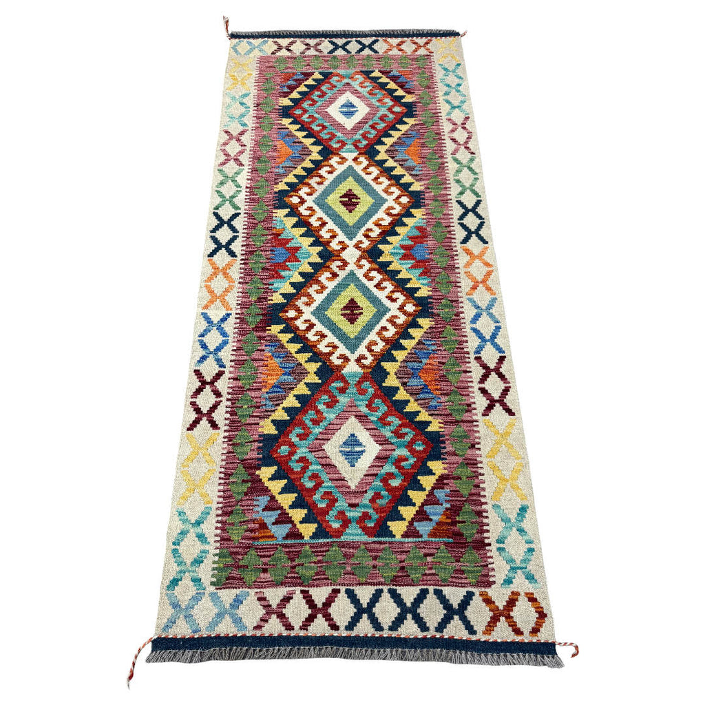 205 x 85 cm Hand-Woven Afghan Kilim Runner Rug – Wool Flatweave