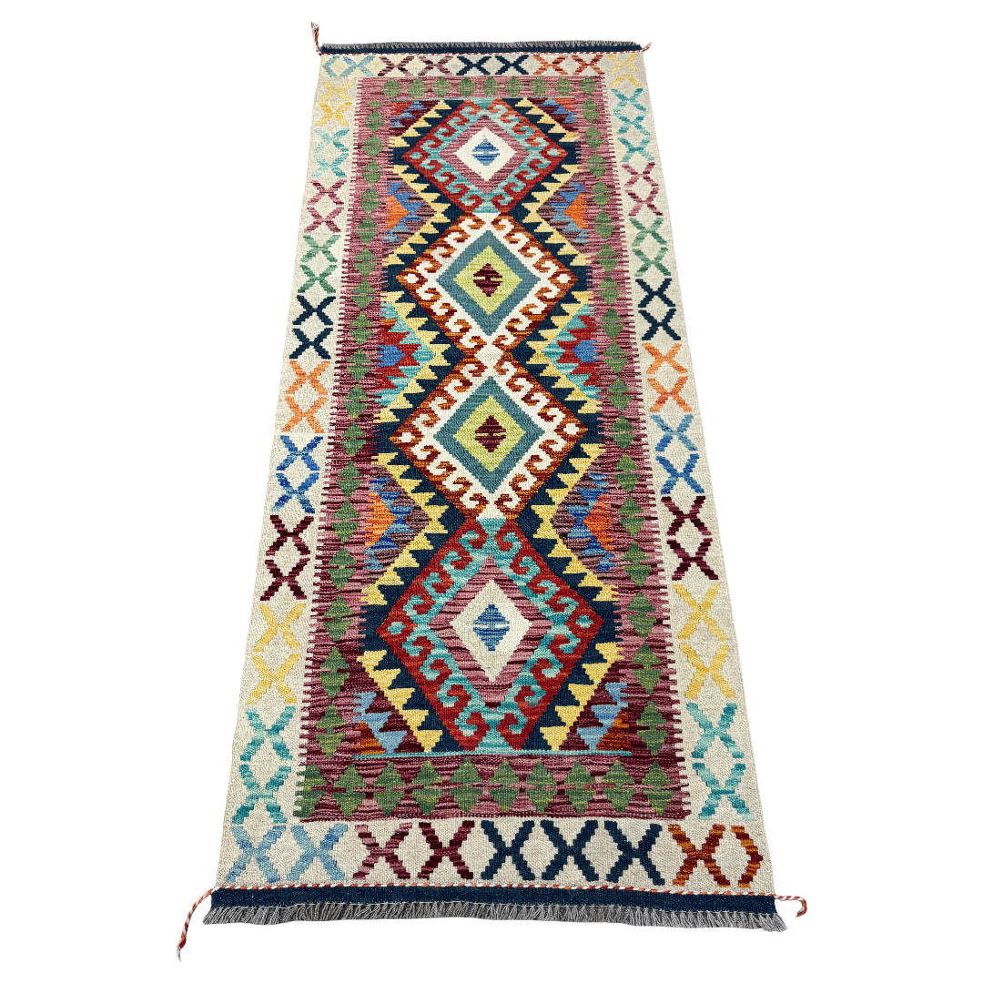 205 x 85 cm Hand-Woven Afghan Kilim Runner Rug – Wool Flatweave