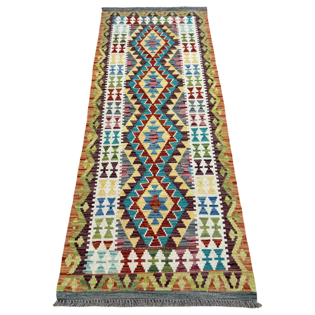 203 x 85 cm Hand-Woven Afghan Kilim Runner Rug – Wool Flatweave