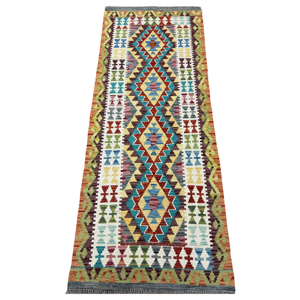 203 x 85 cm Hand-Woven Afghan Kilim Runner Rug – Wool Flatweave