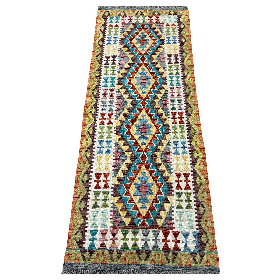 203 x 85 cm Hand-Woven Afghan Kilim Runner Rug – Wool Flatweave