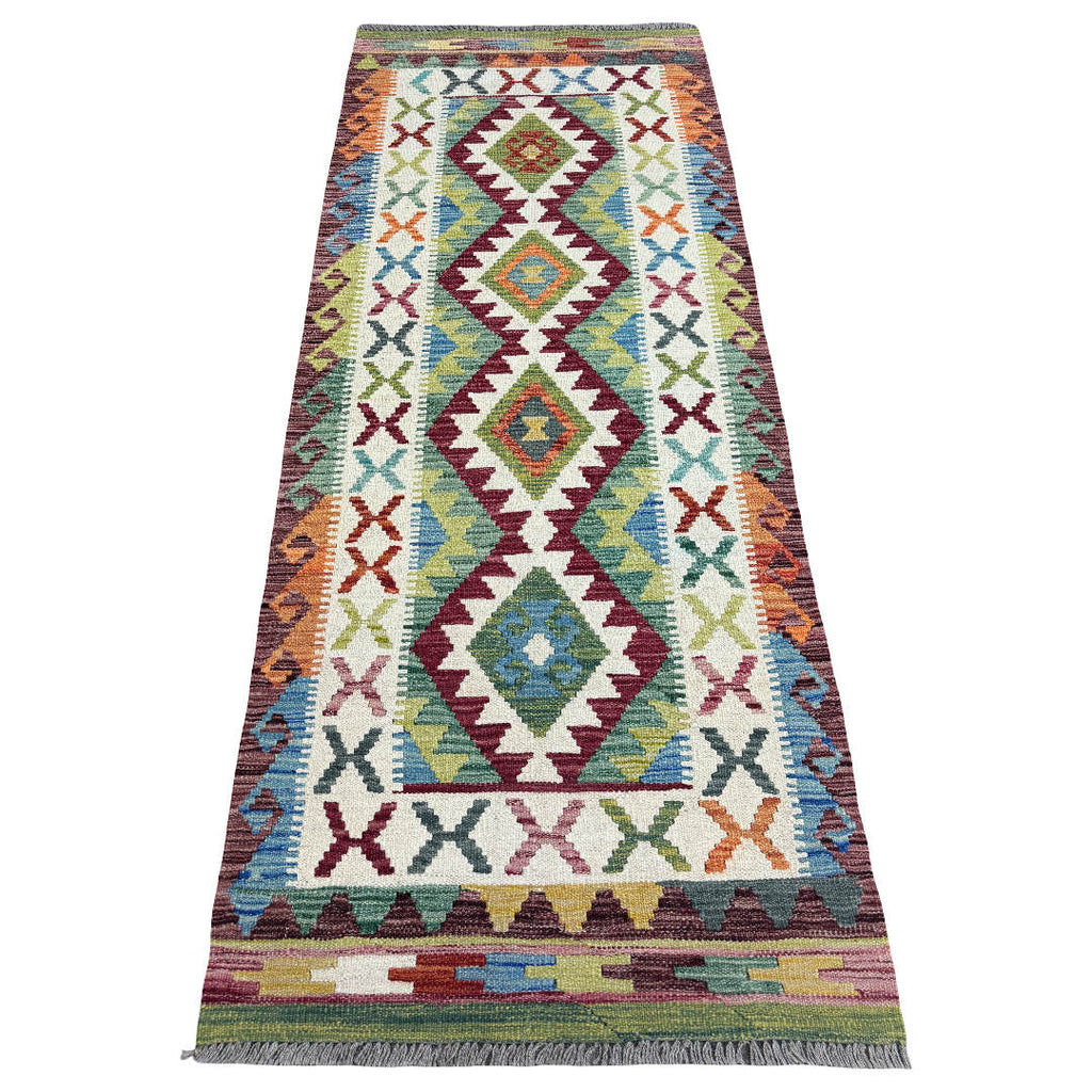 200 x 78 cm Hand-Woven Afghan Kilim Runner Rug – Wool Flatweave