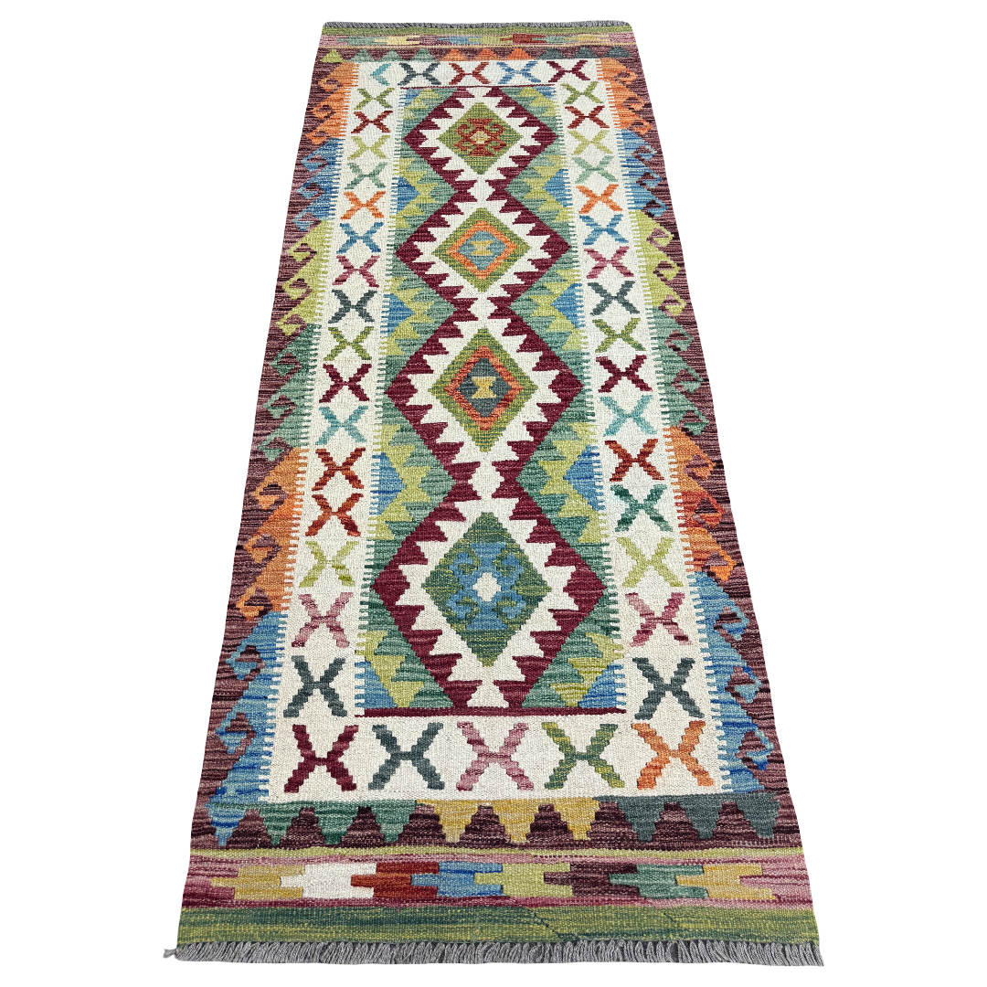 200 x 78 cm Hand-Woven Afghan Kilim Runner Rug – Wool Flatweave
