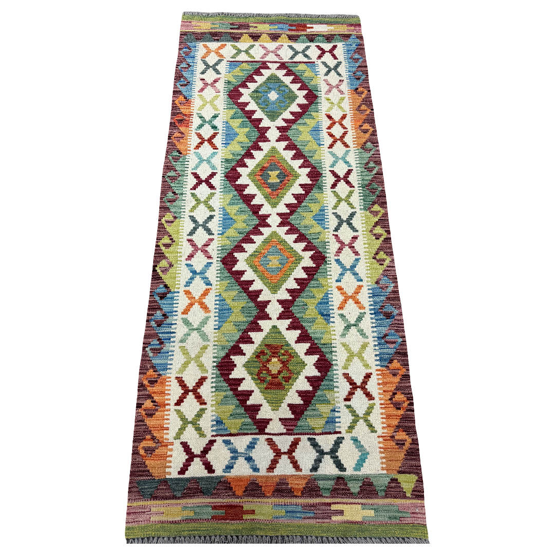 200 x 78 cm Hand-Woven Afghan Kilim Runner Rug – Wool Flatweave