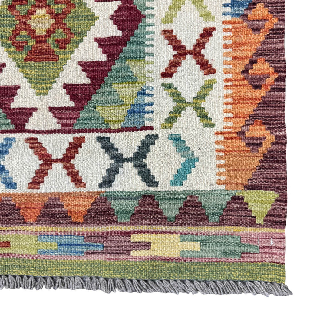 200 x 78 cm Hand-Woven Afghan Kilim Runner Rug – Wool Flatweave