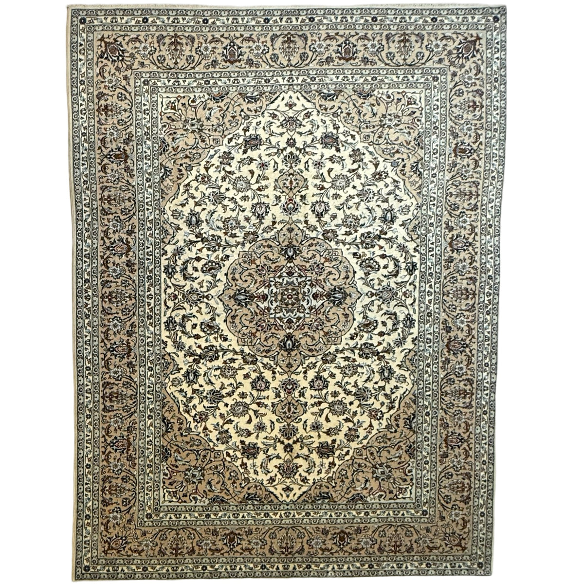341 x 252 cm Hand Knotted Persian Kashan Cream Wool Rug