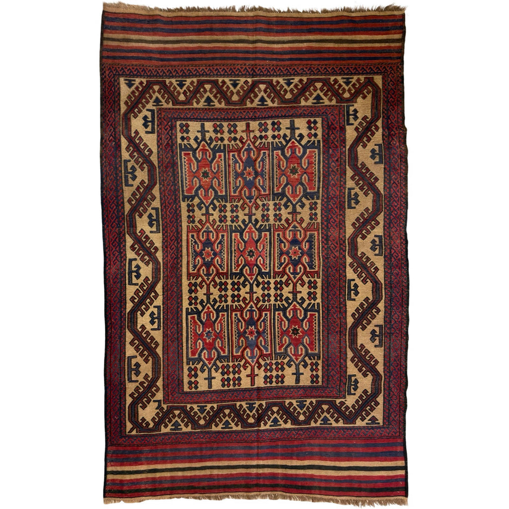 280 x 195 cm Tribal Kilim-Barjesta with Nine Tribal Floral Panels – Hand Woven Wool Rug