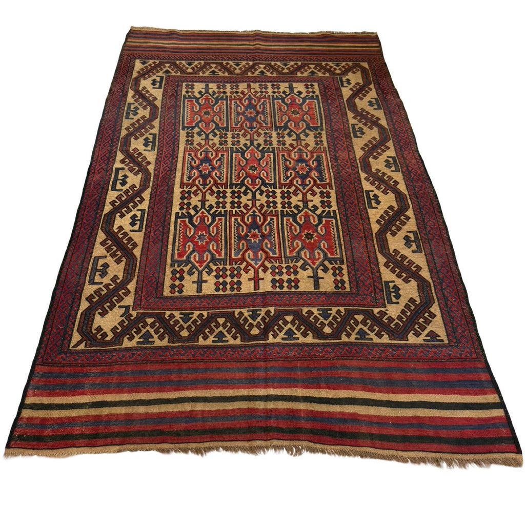 280 x 195 cm Tribal Kilim-Barjesta with Nine Tribal Floral Panels – Hand Woven Wool Rug