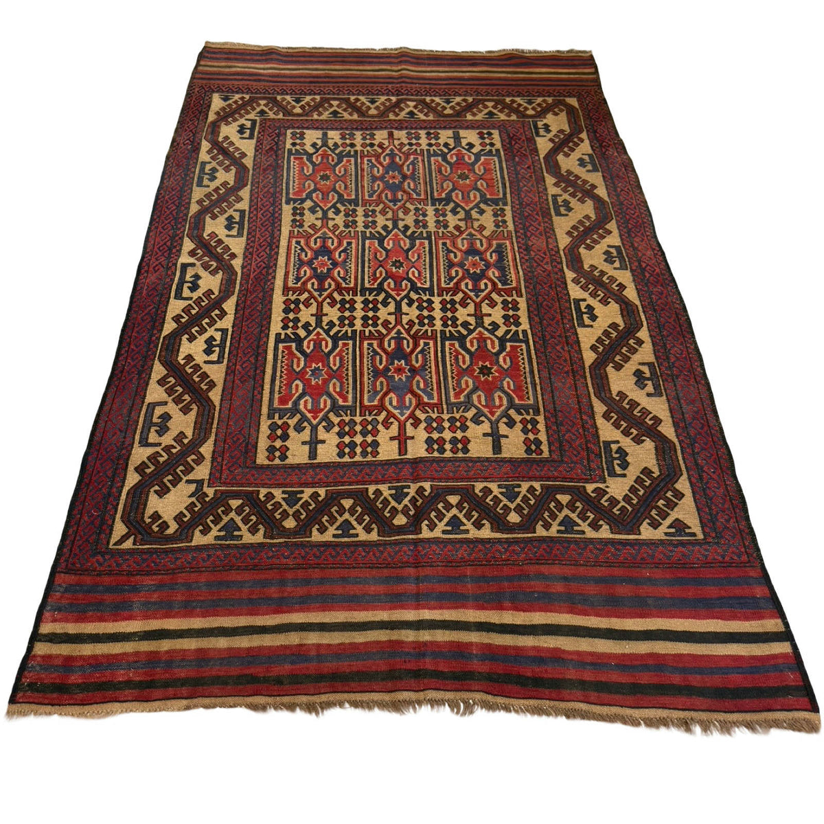 280 x 195 cm Tribal Kilim-Barjesta with Nine Tribal Floral Panels – Hand Woven Wool Rug