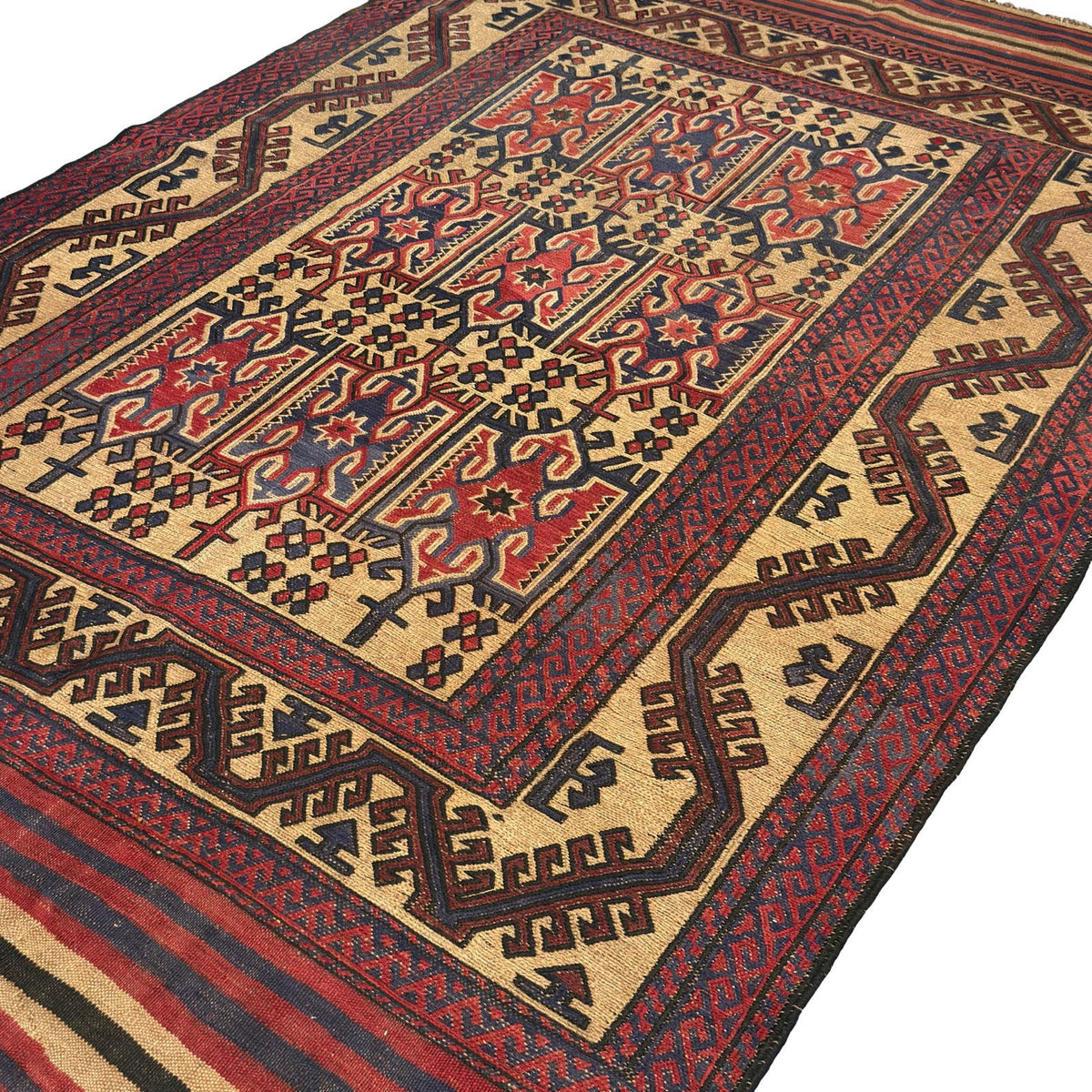 280 x 195 cm Tribal Kilim-Barjesta with Nine Tribal Floral Panels – Hand Woven Wool Rug