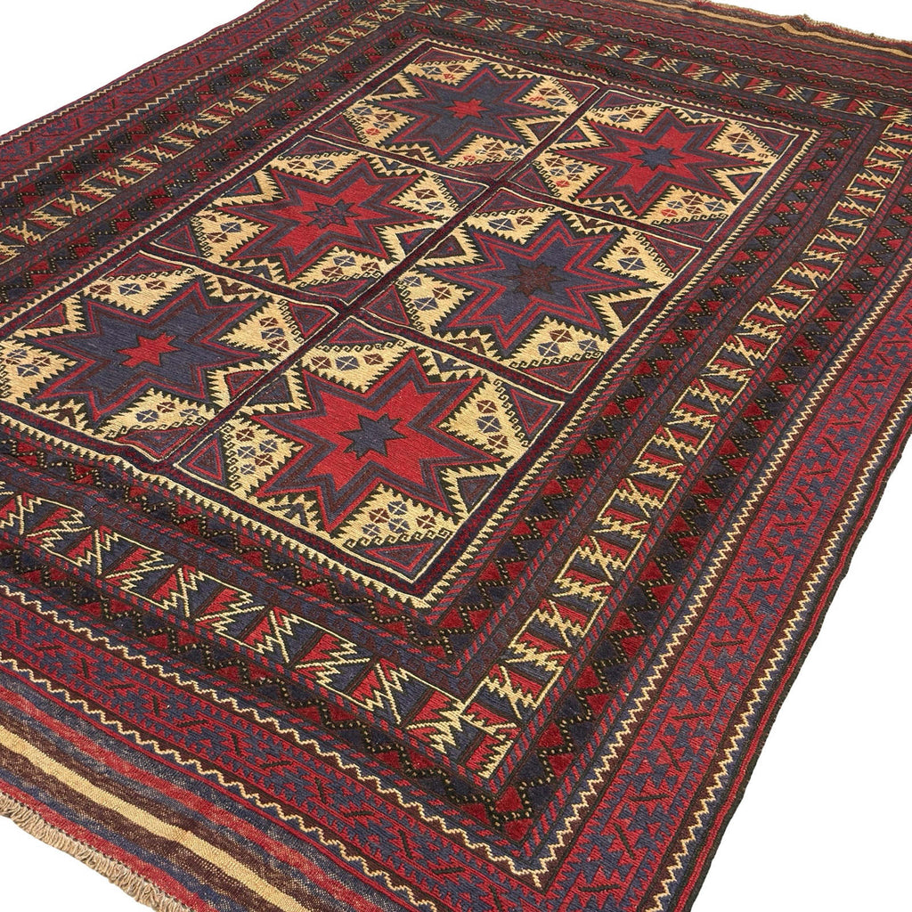 269 x 193 cm Tribal Kilim-Barjesta with Six Star Medallion Panels – Hand Woven Wool Rug