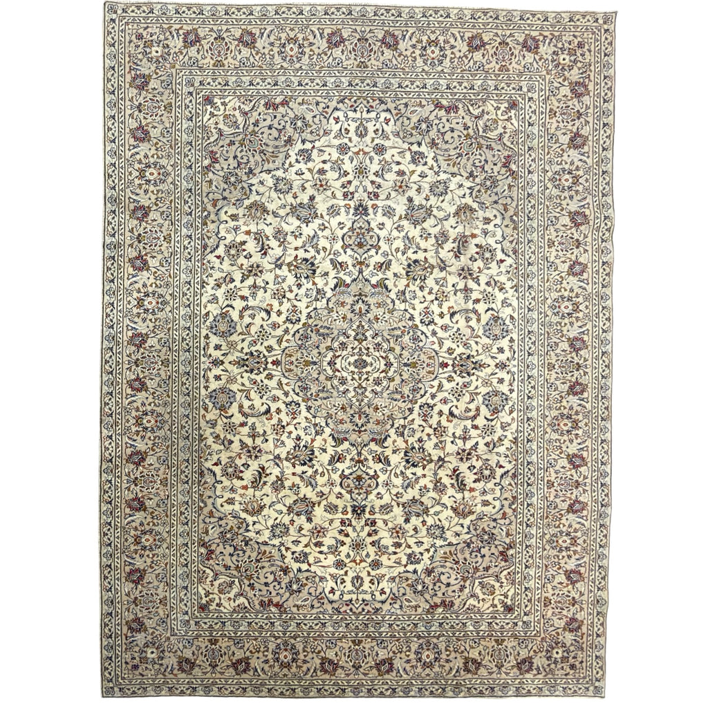 342 x 244 cm Hand-Knotted Persian Vintage Kashan Wool Rug – Ivory & Beige