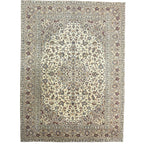 342 x 244 cm Hand-Knotted Persian Vintage Kashan Wool Rug – Ivory & Beige