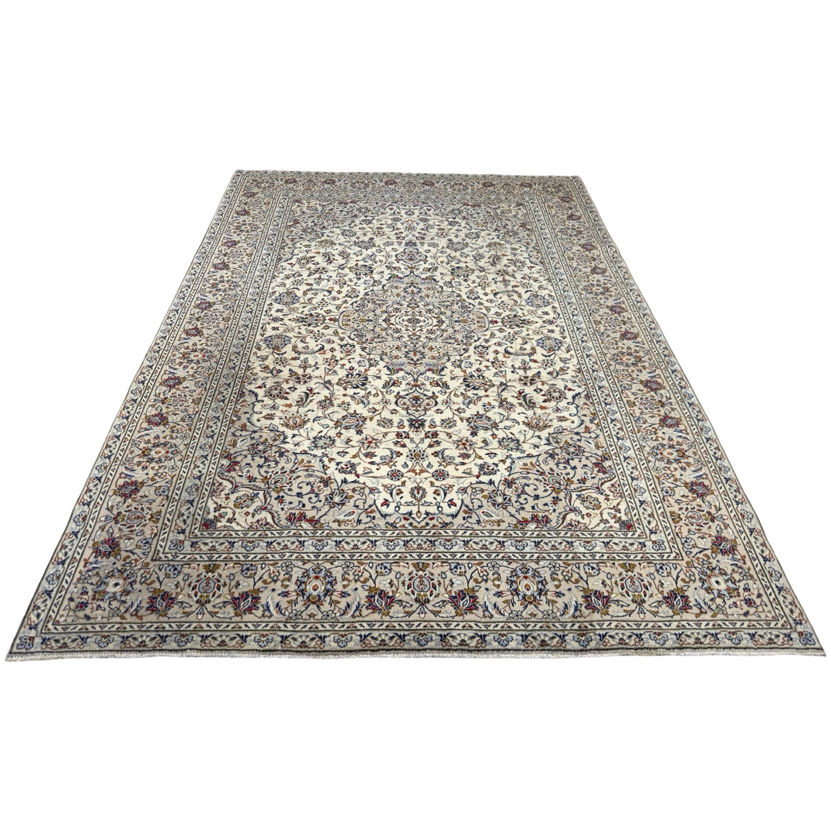 342 x 244 cm Hand-Knotted Persian Vintage Kashan Wool Rug – Ivory & Beige