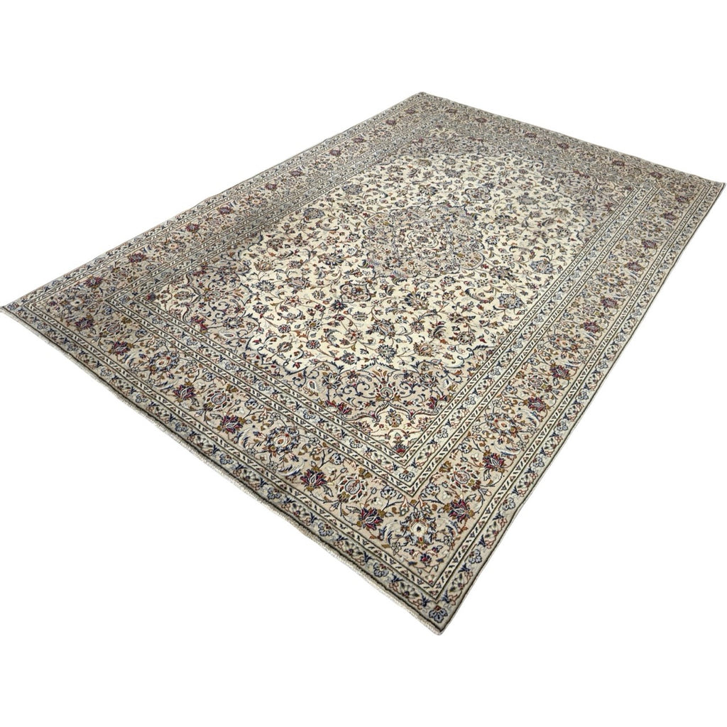 342 x 244 cm Hand-Knotted Persian Vintage Kashan Wool Rug – Ivory & Beige